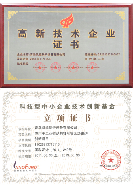 青島凱能鍋爐高新技術(shù)企業(yè)證書、立項證書